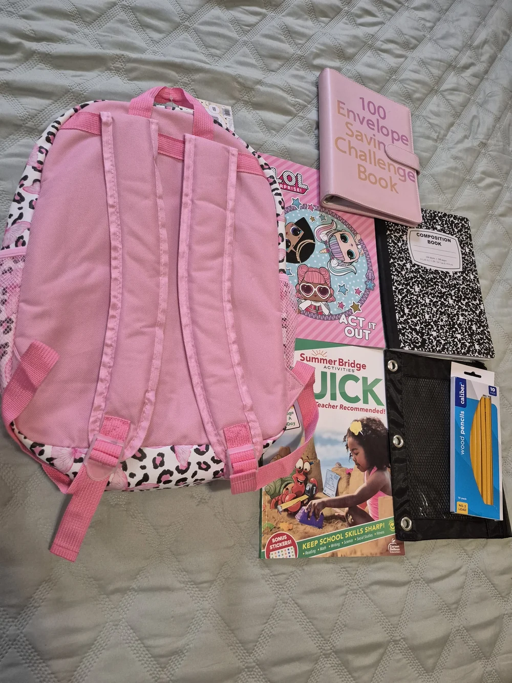 Pink Butterfly Leopard Faux Leather Backpack with School Supplies